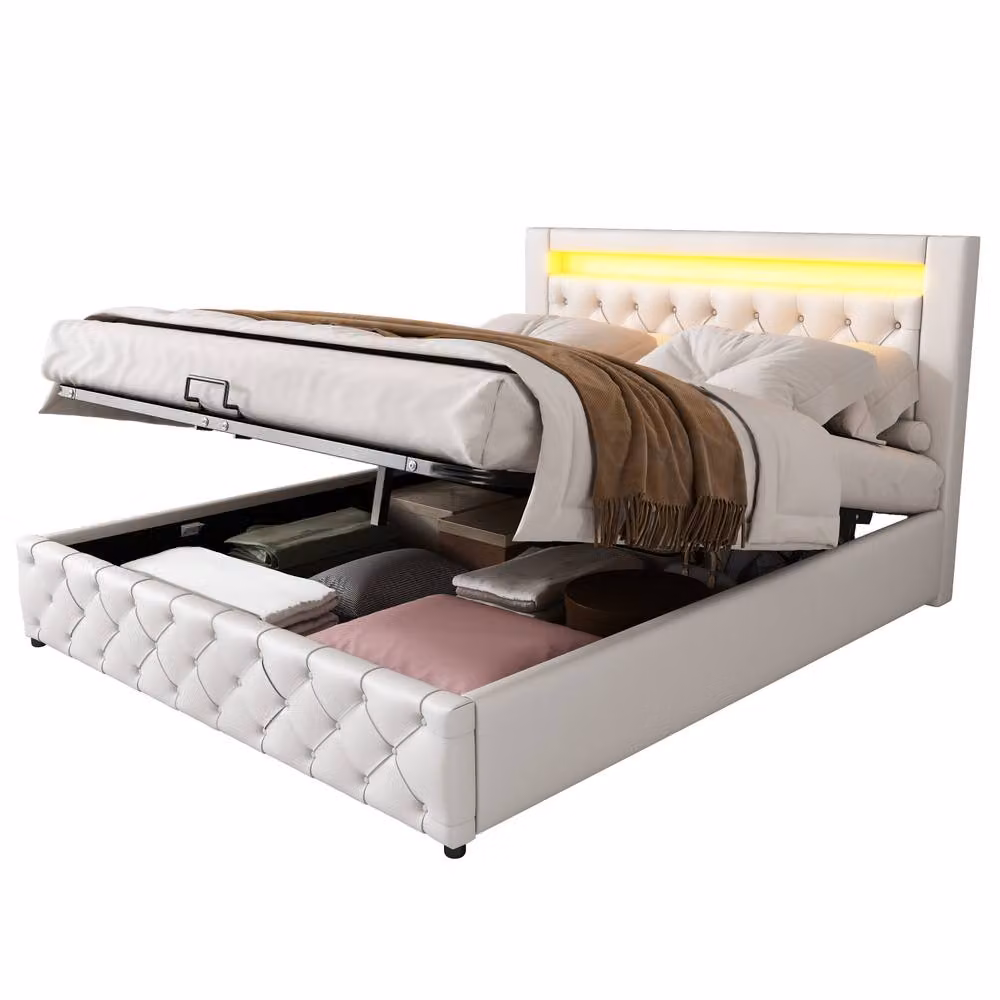 Rolipo White PU Upholstered Double Ottoman Bed with LED Headboard, W/D/H: 150 x 200 cm – 5