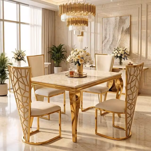 Home Luxe Interior Marble Dining Table and 4 Vienna Cream Gold Velvet Chairs Set, Width: 120 cm – 1