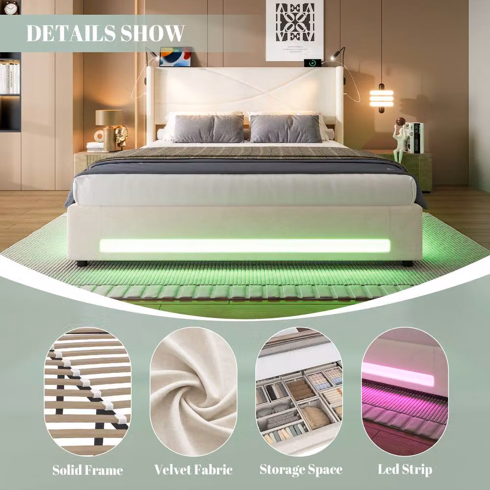 Matteo Modern Double Velvet Bed Frame with Hydraulic Storage, LED Lighting and USB Charging in Beige, W/D/H: 135 x 190 x 106 cm – 6
