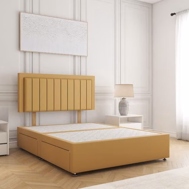 BSSPOKE Zarah Double Divan Bed in Mustard Yellow Plush Velvet with 2 Drawers and Same Side Headboard, W: 140 cm, L: 200 cm