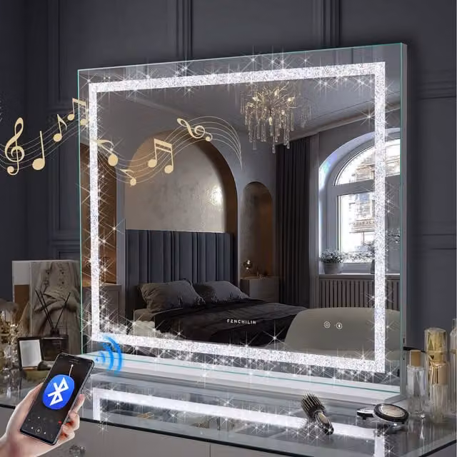 FENCHILIN Bluetooth Hollywood Vanity Mirror with Crystal Strip Lights, Wall-Mount, White Metal