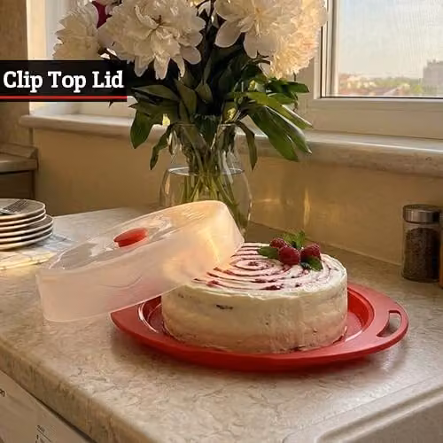 Orsina Red Airtight Cake Storage Box and Carrier with Clip-Lock Lid and Handles, W: 35 cm, D: 27 cm, H: 7 cm – 3
