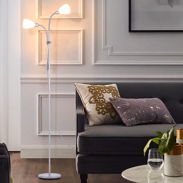 Livingandhome Double LED Torchiere Floor Lamp with Adjustable Reading Light in Silver