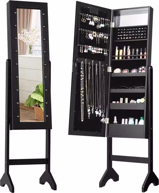 COSTWAY 2-in-1 Freestanding Jewellery Armoire Cabinet with LED Lighting and Mirror in Black