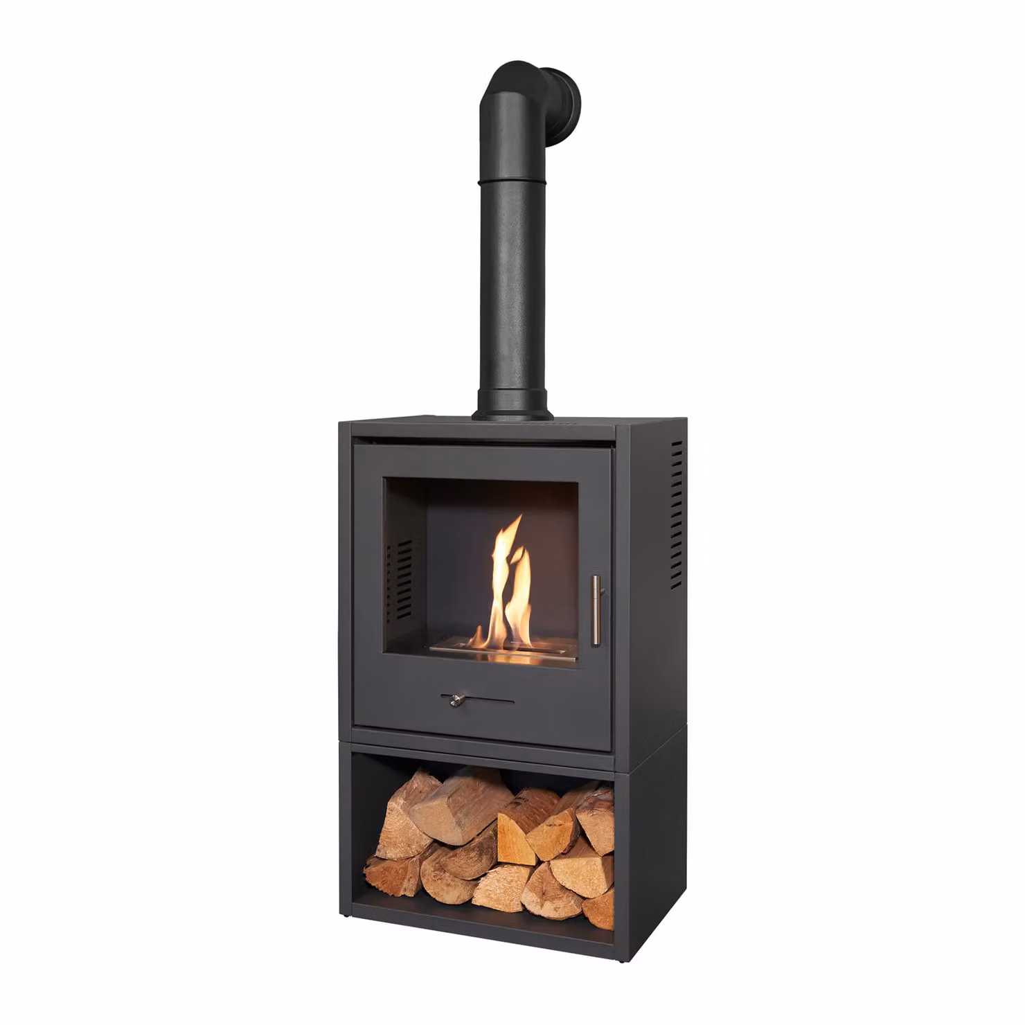 OKO S3 Bio Ethanol Stove with Log Storage in Charcoal Grey and Tall Angled Black Stove Pipe – 2
