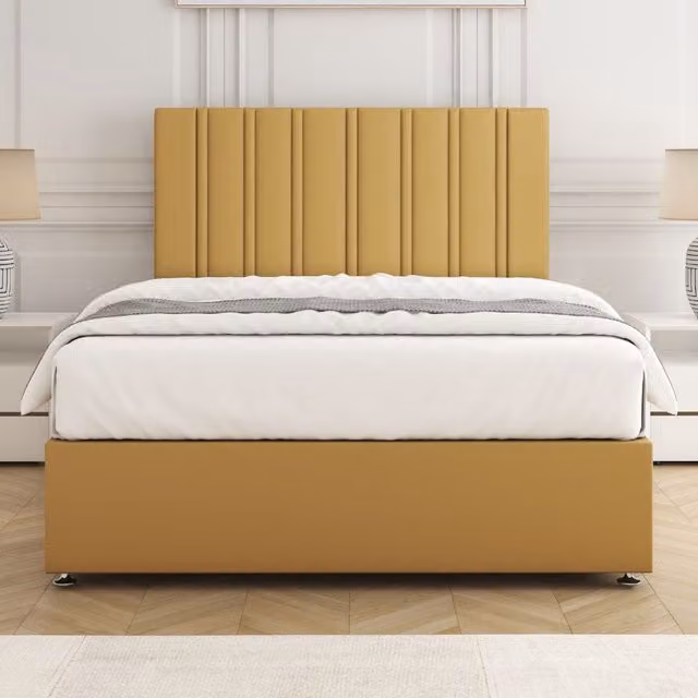 BSSPOKE Sienna Plush Velvet Divan Bed Set with 24 inch Headboard and Mattress in Mustard Yellow, Super King, W/D/H: 200 x 200 cm