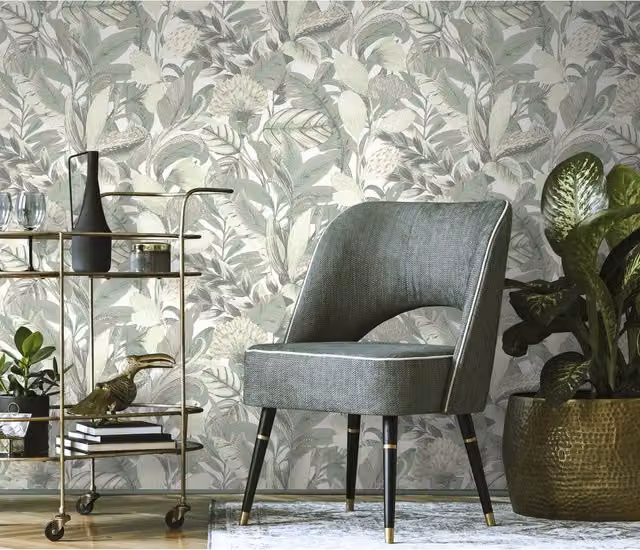 Erismann Paradise Floral With Soft Metallics Pre-pasted Vinyl Wallpaper in Green, Silver, Grey and White