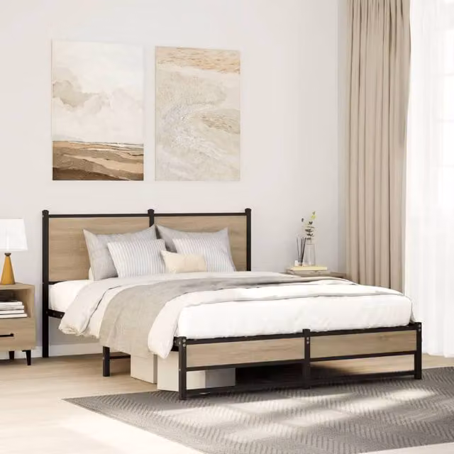 Berkfield Home Metal Bed Frame in Sonoma Oak Brown, W/D/H: 140 x 200 cm
