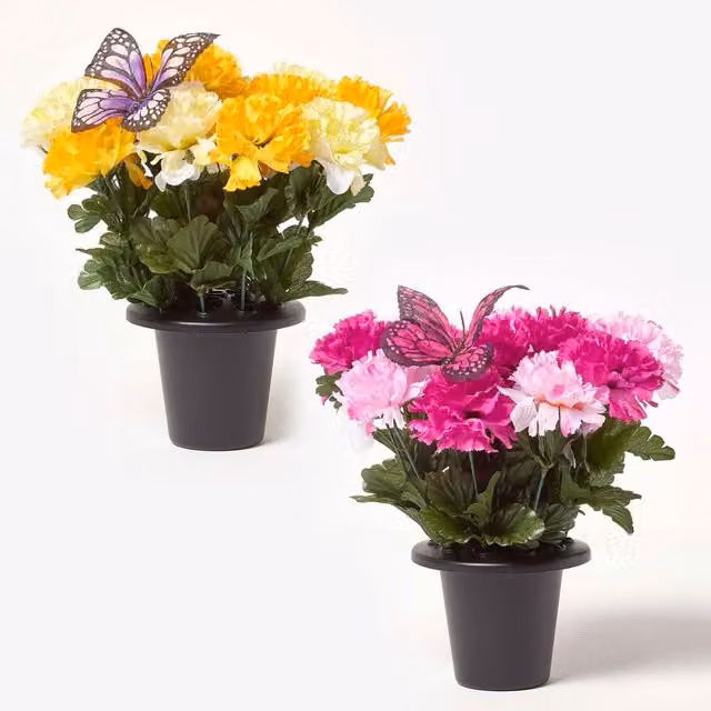 Homescapes Set of 2 Yellow and Pink Carnation Artificial Flowers in Grave Vases