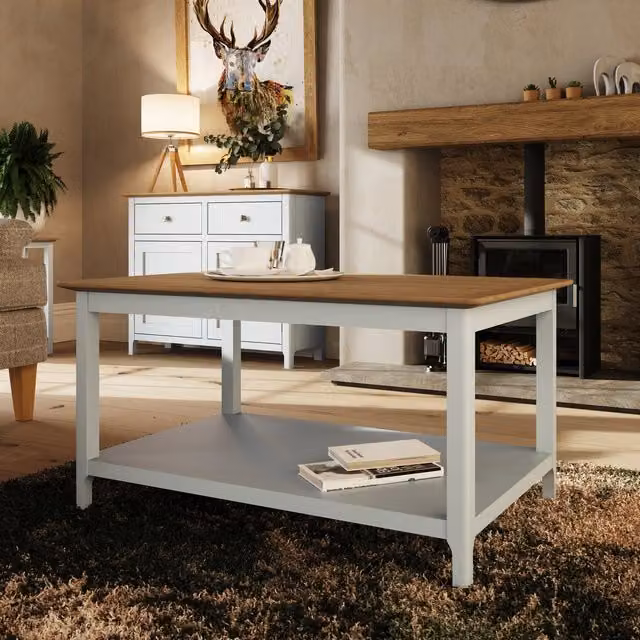 FWStyle Large Rectangular Coffee Table with Oak Veneer Top and Storage Shelf in Beige and White, Width: 90 cm