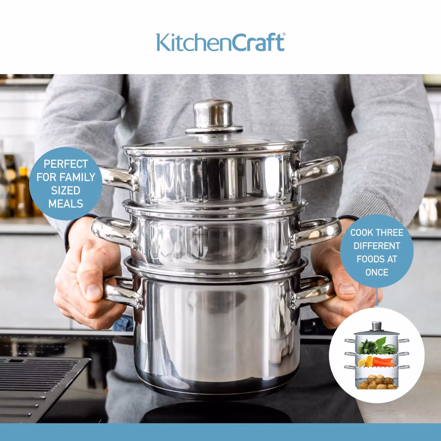 KitchenCraft Stainless Steel Three Tier Steamer Pot with Glass Lid, Grey/Silver, 18 cm – 3