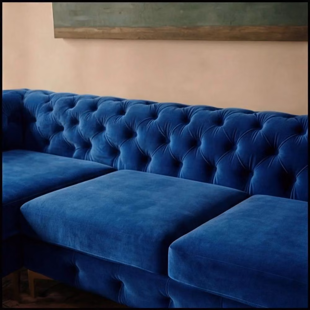 Sofaya Monaco Chesterfield 3 Seater L-Shaped Sofa in Blue Velvet with Right Hand Chaise – 3
