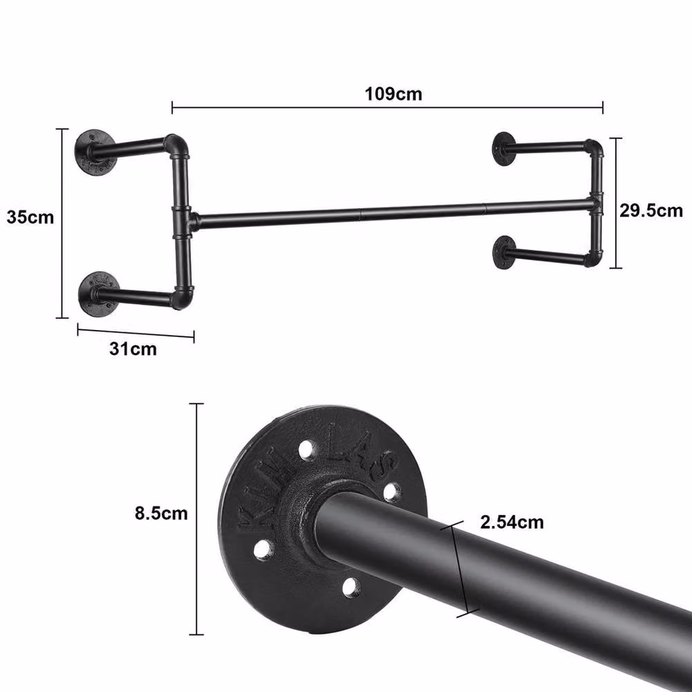 KORVIXA Matt Black Industrial Wall Mounted Continuous Linear Clothes Rail, Width: 109 cm – 2