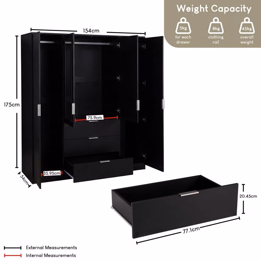 Vida Designs Trega Black Mirrored Wardrobe with 4 Doors and 3 Drawers – 2