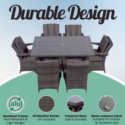 Giardino Arizona Rattan 6 Seater Garden Dining Set in Grey and Brown with W/D/H: 150 x 100 x 74 cm – 3