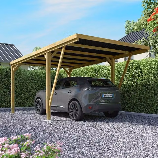 Cerland Victor Designer Single Wooden Pent Carport in Brown and Yellow with Polycarbonate Roofing, Freestanding
