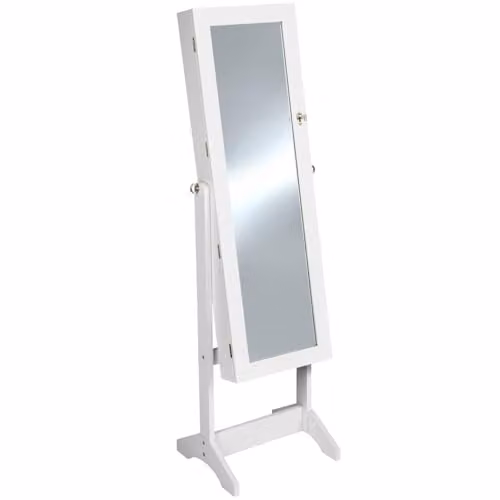 tectake Mirror Jewellery Cabinet with Stable Stand and Lockable Storage, White – 1