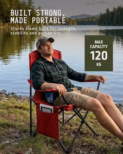 Voyager 2-Pack Folding Camping Chairs with Cup Holders and Armrests in Black and Red – 5