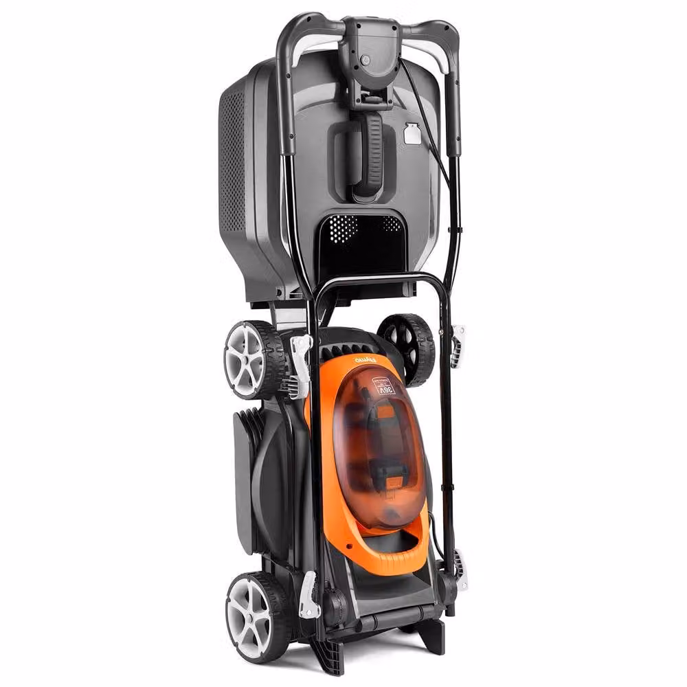 Flymo UltraStore 340R 36V Cordless Lawnmower Kit in Orange and Grey with 34cm Cutting Width, 35L Grass Box, Rechargeable Battery and Charger – 5