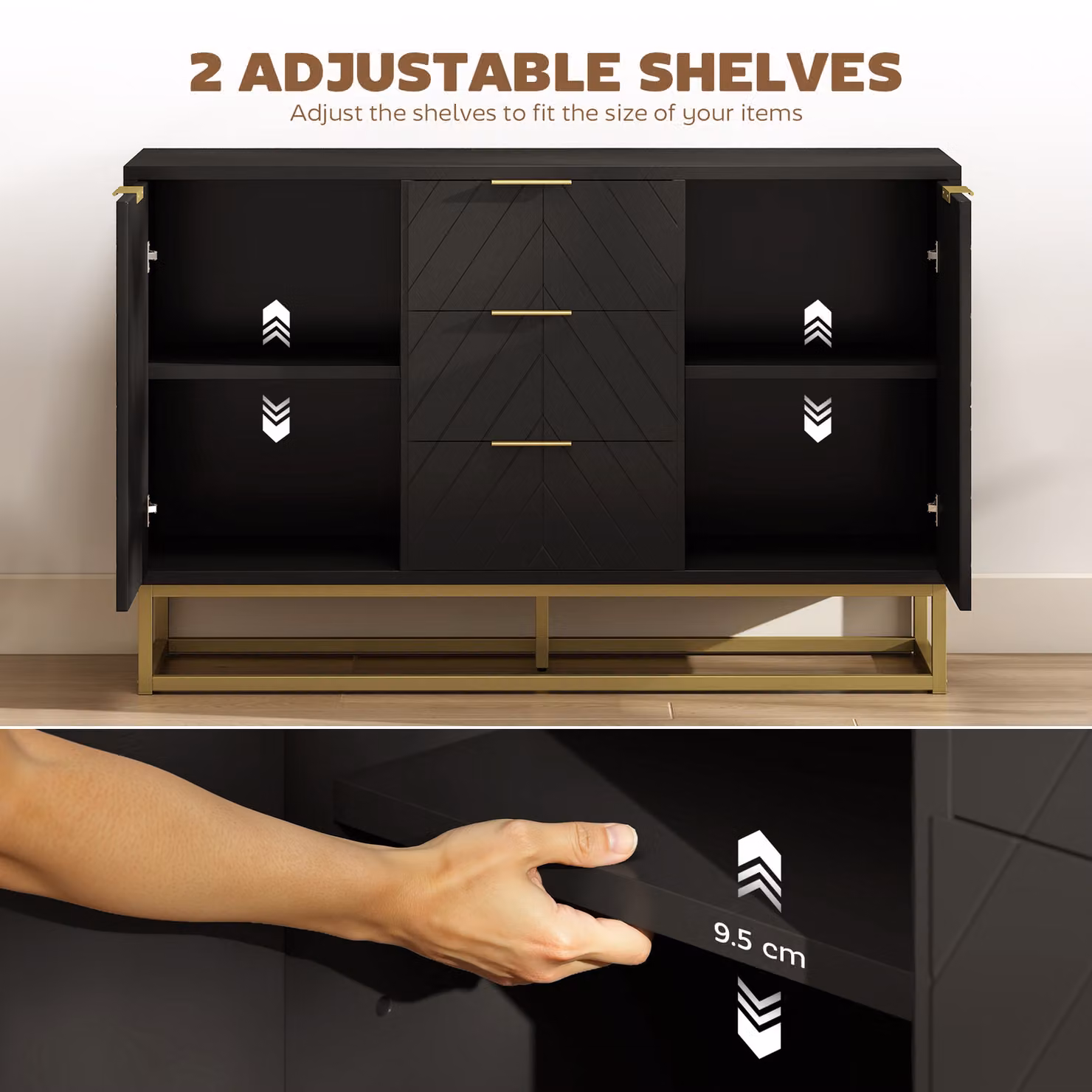 HOMCOM Modern Black Sideboard with 3 Drawers and Adjustable Shelves for your Living Room or Kitchen – 6