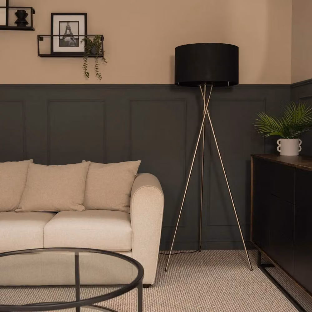 MiniSun Modern Brushed Chrome Floor Lamp with Black Fabric Drum Shade and Warm White Bulb – 5