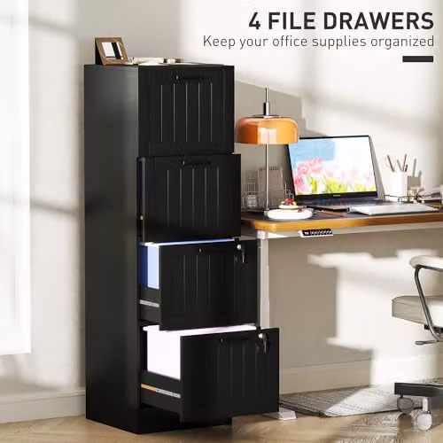HOMCOM 4 Drawer Black File Cabinet with Lock for A4 and Letter Size Folders – 3