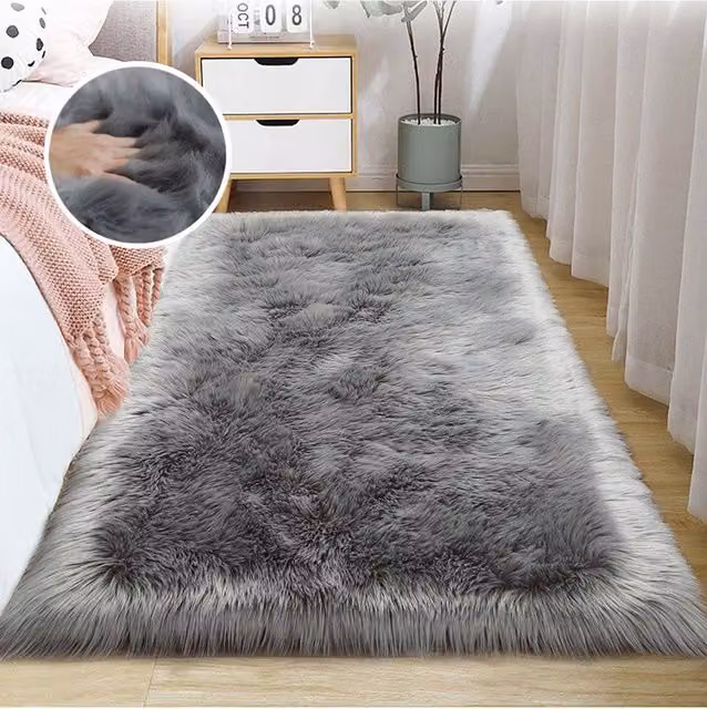 Living and Home Grey Plush Faux Wool Rectangular Area Rug, W/D/H: 120 x 60 x 1 cm