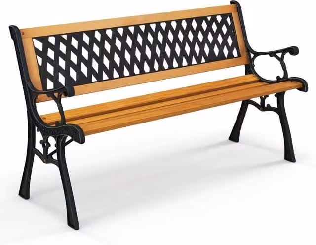 Costway 3-Seater Classic Garden Bench Loveseat in Black Metal and Lacquered Wood