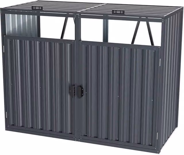 FLAVORA Grey Metal Outdoor Double Wheelie Bin Storage Shed – 1