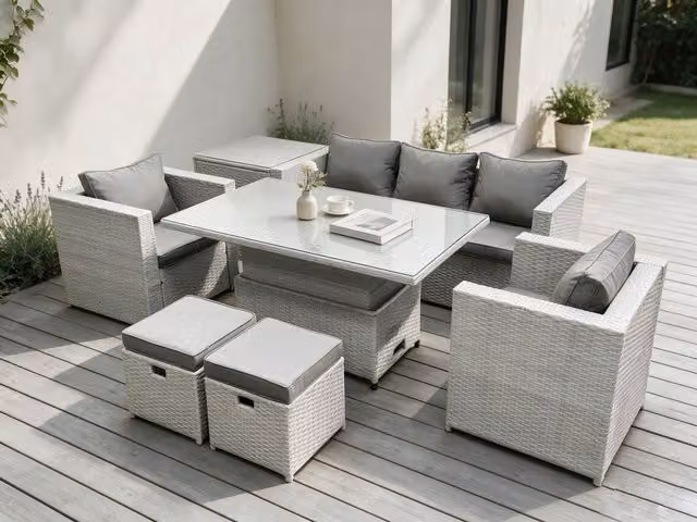 Fimous Rattan Garden Furniture Set with Height Adjustable Dining Table and 2 Armchairs in Light Grey