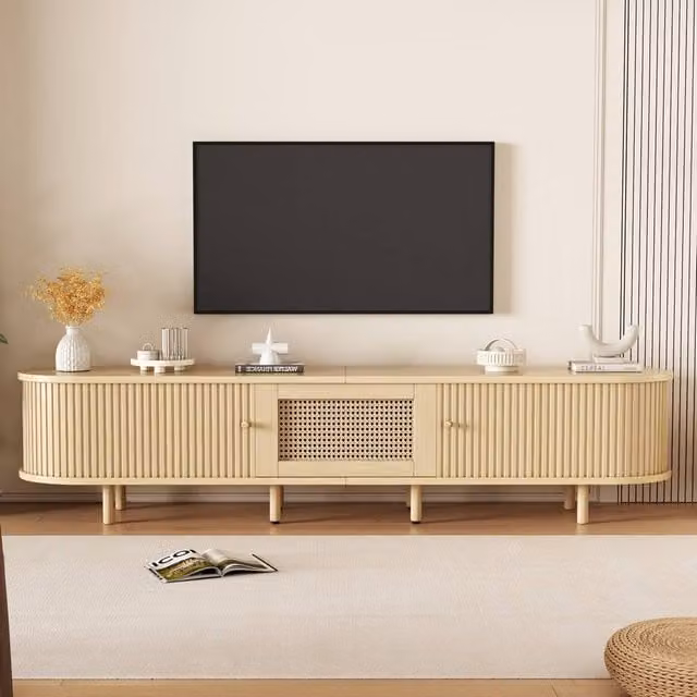 Rolipo Oval Rattan TV Cabinet in Light Oak Wood, Width: 180 cm
