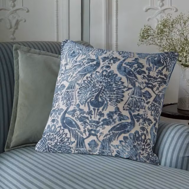 Laura Ashley Peacock Damask Filled Square Cushion in Dusky Seaspray, W/D/H: 50 x 50 x 50 cm