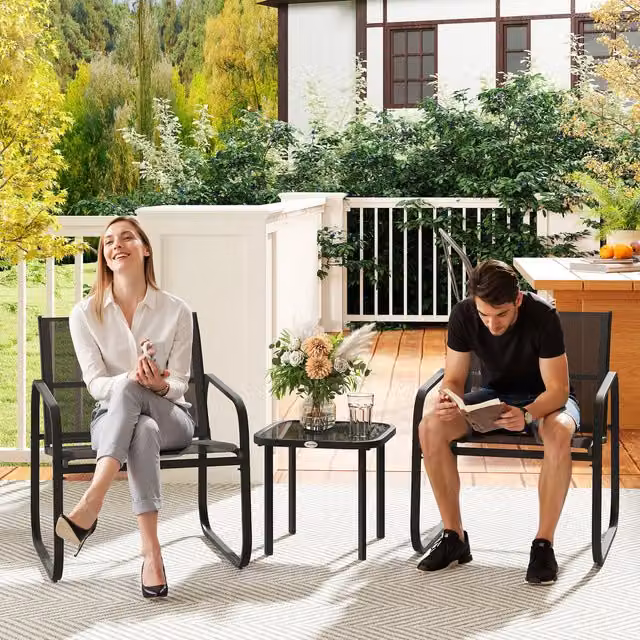 Outsunny Modern Garden Furniture Bistro Set with Mesh Chairs and Glass Table in Black