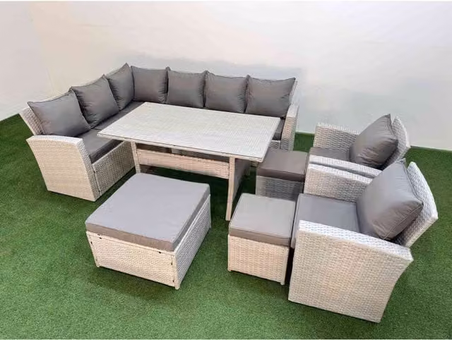 Fimous 11 Seater Rattan Garden Furniture Set in Light Grey with Glass Tabletop