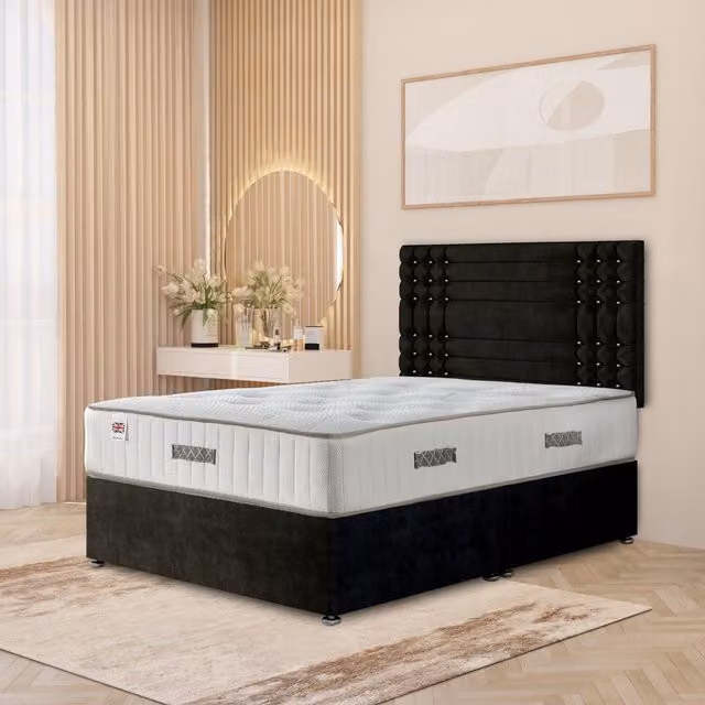 Somnior Beds Ltd Saville Plush Velvet Divan Bed Set with 32 inch Headboard and Orthopaedic Mattress, Black, W/D: 120 x 200 cm