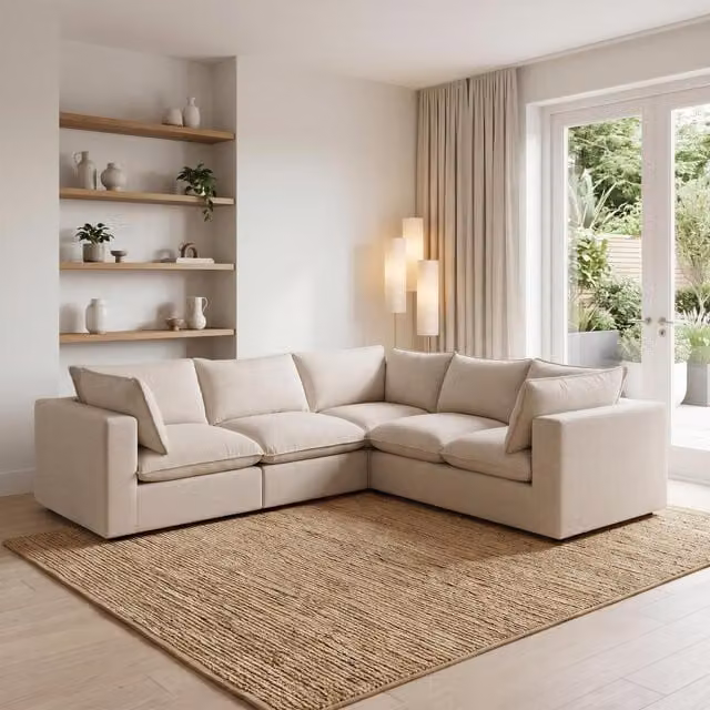 Furniturebox UK Echo 4 Seater Modular L-Shape Corner Sofa in Cream Linen-Look Fabric
