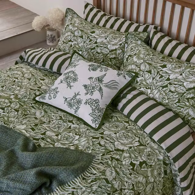 Bedeck of Belfast Burleigh Hibiscus Double Duvet Cover Set, Green Cotton Percale Floral Design, W: 140 cm, L: 200 cm
