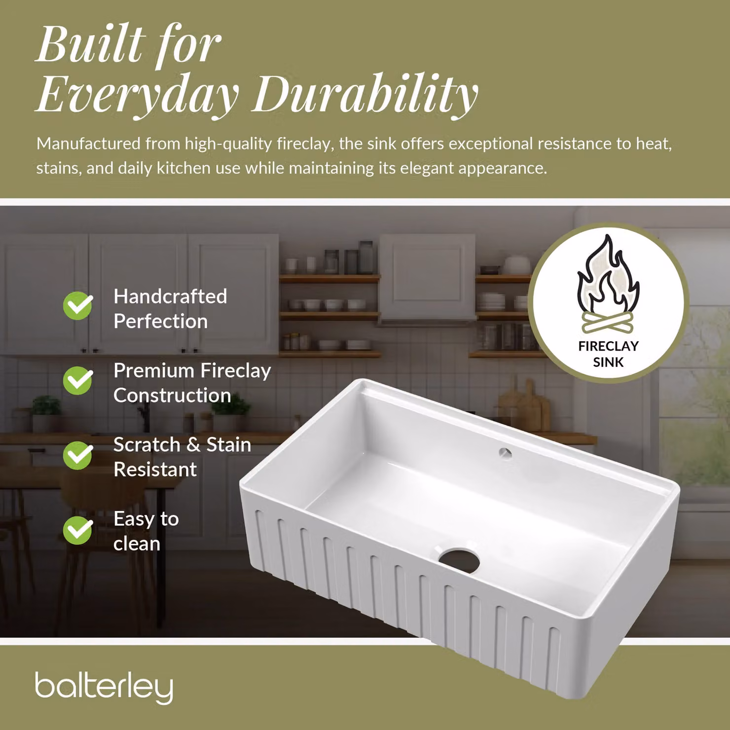 Balterley White Ceramic Fireclay Single Bowl Fluted Front Kitchen Sink with Ledge Overflow, W: 79.5 cm, D: 44 cm, H: 22 cm – 4