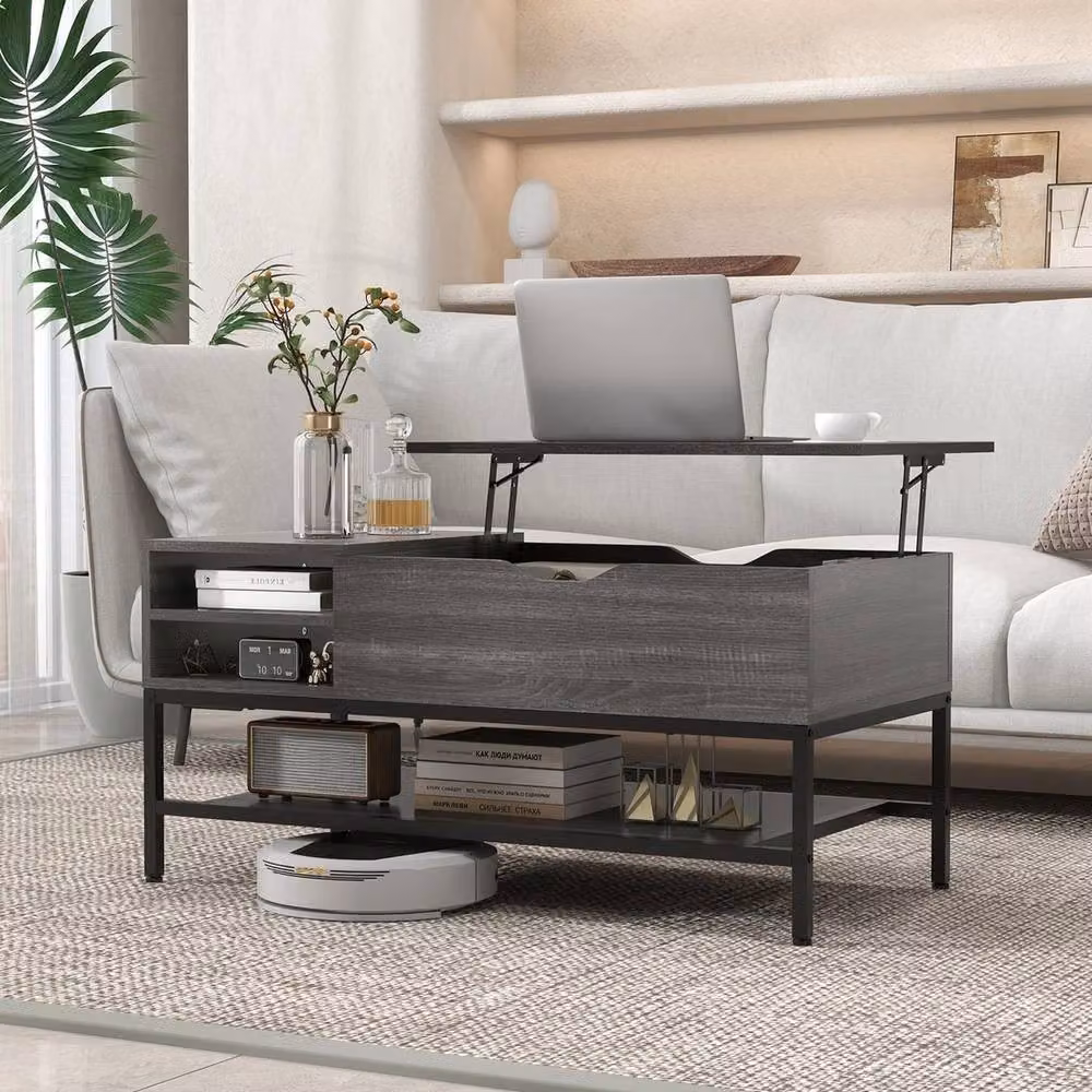 VOGREX Grey Modern Rectangular Lift Top Coffee Table with Metal Storage Shelf – 3