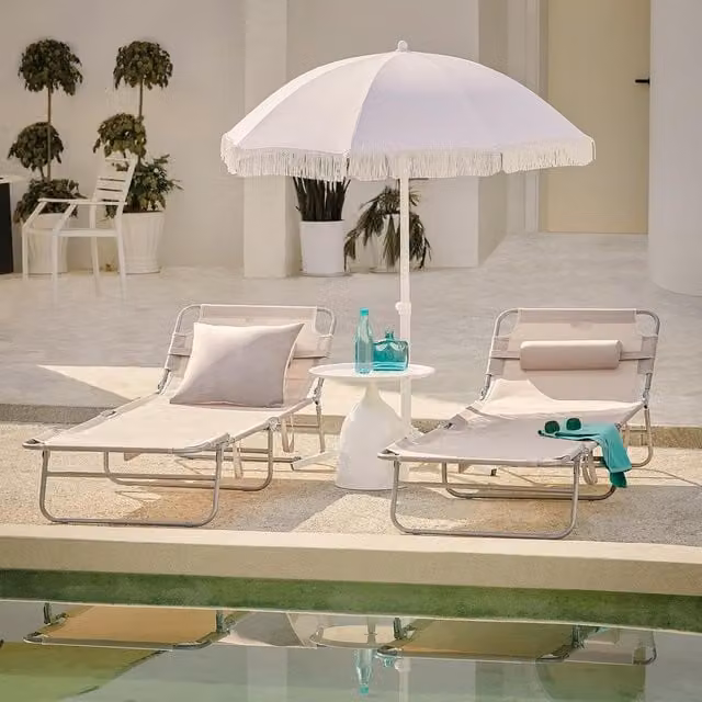 SoBuy Set of 2 Adjustable Folding Sun Loungers in Beige with Powder Coated Steel Frame