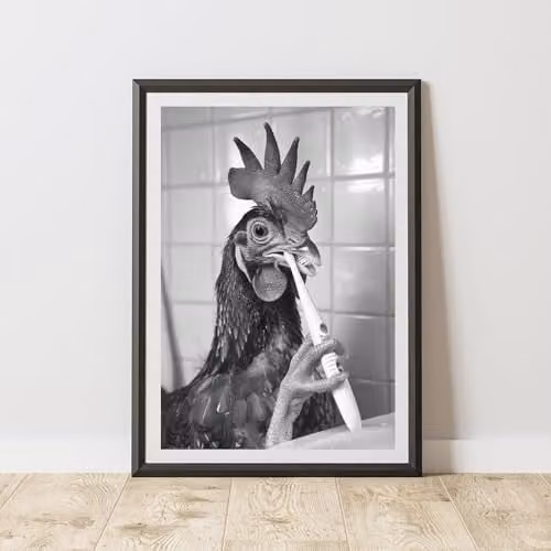 60 Second Makeover Chicken Brushing Teeth Animal Print Paper Poster, A4