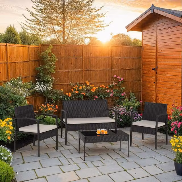 Seconique Modern 4 Piece Rattan Garden Set with Glass Top in Black and Grey