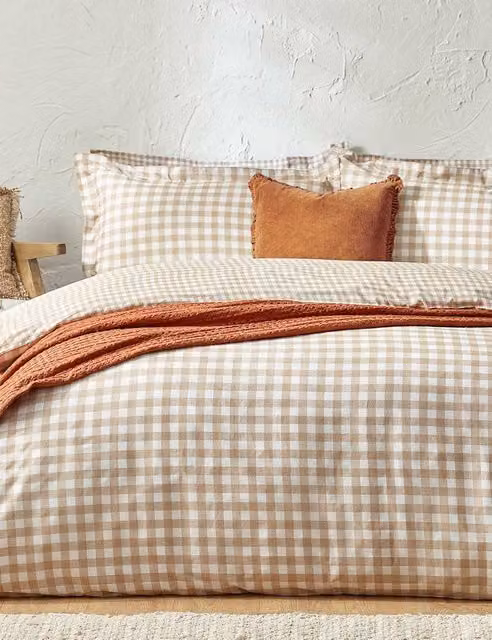 YARD Barton Gingham Checked Cotton Percale Bedding Set, Beige Mix, W: 180 cm, H: 200 cm