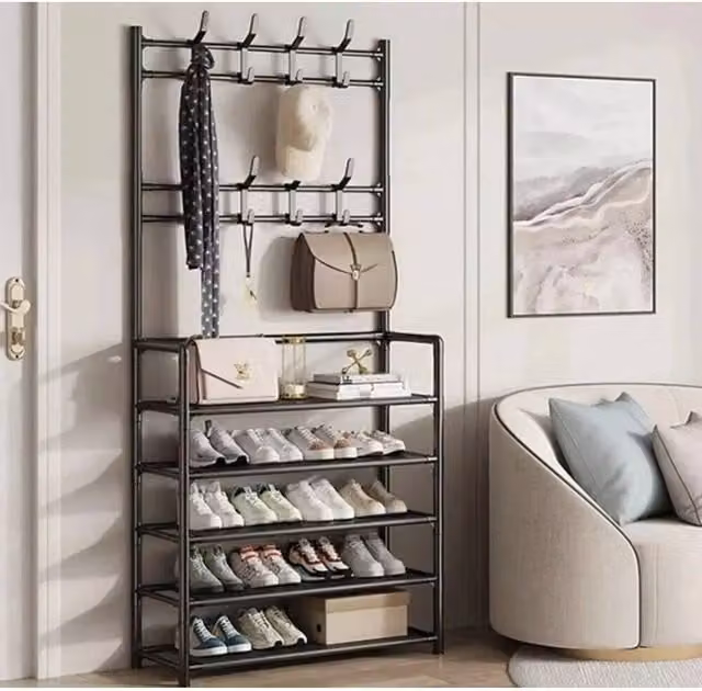 FORGEVIO Metal Coat and Hat Stand with 8 Hooks and Shoe Rack in Matt Black