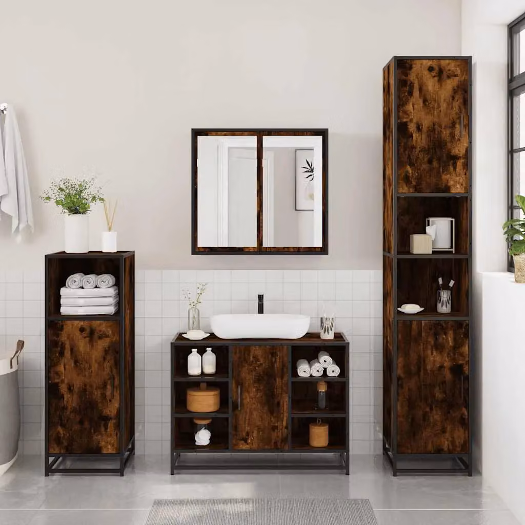 Berkfield Home 3 Piece Industrial Bathroom Furniture Set in Brown Smoked Oak – 3