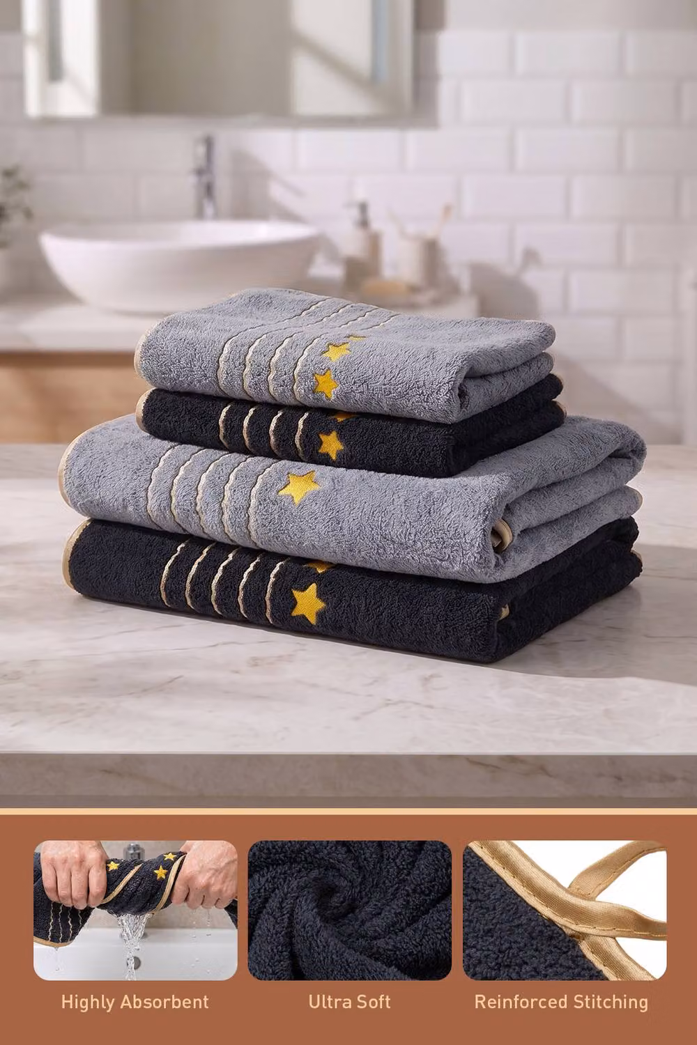 Living and Home 4-Pack Soft Terry Cotton Bath and Hand Towel Set in Multicolour Stars Design – 3