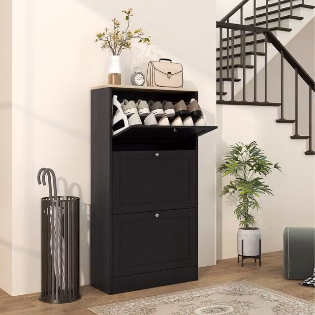 HOMCOM Modern Narrow Black Shoe Cabinet with 3 Tilting Compartments and Internal Shelves