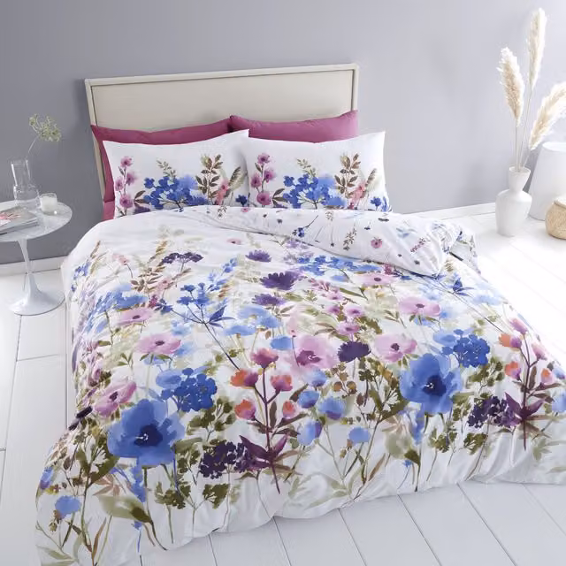 Catherine Lansfield Countryside Floral Reversible Duvet Cover Bedding Set in Pink, Blue and Multicolour