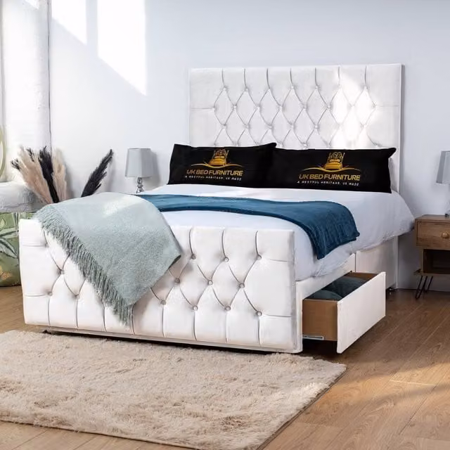 UK Bed Furniture Jublie King Size Divan Bed with 2 Drawers and 26 Inch Headboard in White Upholstered Fabric