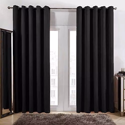 OHS Pair of Thermal Blackout Eyelet Curtains in Black, W: 116 cm, H: 137 cm